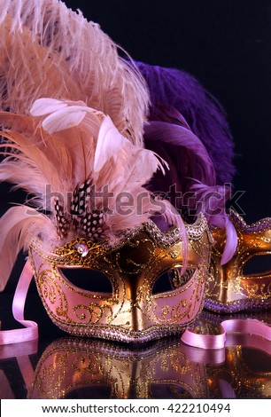 Pink and purple venetian mask on a black background mirror.