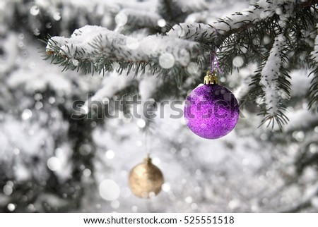 Purple and golden Christmas balls on snow-covered fir branch with the effect of falling snow.