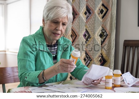 Senior woman with medication, reviewing instructions, side effects