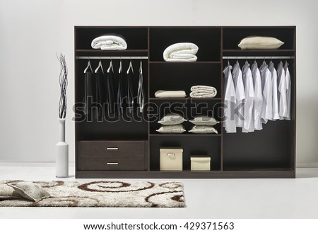 modern shirts and dress hanging on rail in wooden wardrobe at home