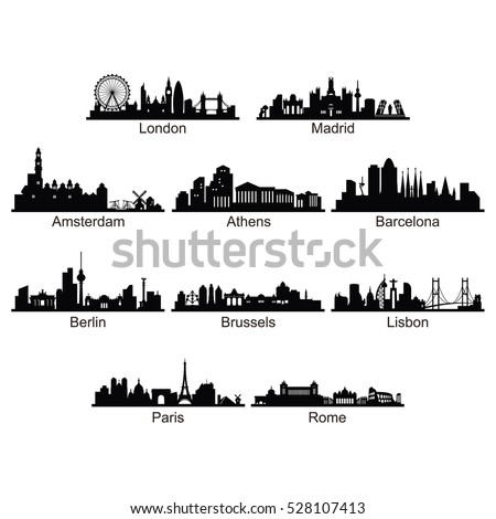 Silhouette of City Skyline Landscape of European Country