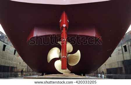 ship stern and propeller at drydock