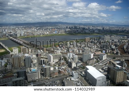 OSAKA, JAPAN - SEPTEMBER 17 : Aerial view of the city 17 September 2012. Osaka Japan. Osaka is the second biggest town in Japan and the finacial and business district of the Kansai region.
