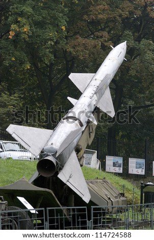 WARSZAWA, POLAND - OCTOBER 2: 9K72 Elbrus missile launcher in a public park at October 2, 2012, Warszawa, Poland. Elbrus was used by the red Army in WW2 against the Nazis.