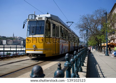 BUDAPEST, HUNGARY - APRIL 25 : Tram No. 2. stops at Vigado Square in Budapest. It runs parallel the bank of River Danube with an excellent view of the city. on April 25, 2013 in Budapest, Hungary.