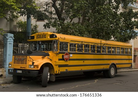 HAVANA, CUBA - JANUARY 31 : Schoolbus on 31 January, 2014, Havana, Cuba. Cuban schoolchildren are transported to school by old American-made schoolbuses.