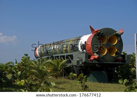 HAVANA, CUBA - JANUARY 30 : Replica of a Soviet made SS.4 rocket with nuclear head on 30 January, 2014, Havana, Cuba. Communist Cuba had a very strong relation with former Soviet Union.
