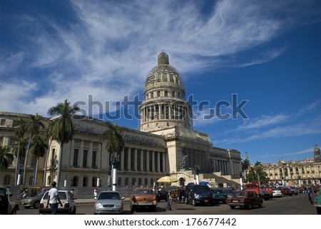 HAVANA, CUBA - JANUARY 21 : Parliament building on 21 January, 2014, Havana, Cuba. Cuba\'s parliament building was designed after the Capitolium in the USA.