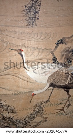 SHIRAKAWA-GO, JAPAN - OCTOBER 28: Cranes in Wada Merchant House on October 28, 2014 in Shirakawa-go, Japan. Cranes are displayed in houses in rural Japan to symbolize long life.