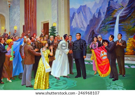 NORTH KOREA, SARIWON - JUNE 13: Kim Il-sung and African leaders on a painting at June 13, 2014 in Sariwon, Kim Il-sung was the first president of the DPRK.