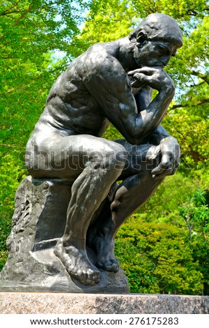 TOKYO, JAPAN - APRIl 15 : Rodin: The Thinker copy at Ueno Park on 15 April 2015 in Tokyo, Japan. There is a small outdoor art gallery in Ueno Park with Rodin statues.