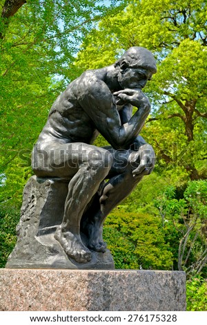 TOKYO, JAPAN - APRIl 15 : Rodin: The Thinker copy at Ueno Park on 15 April 2015 in Tokyo, Japan. There is a small outdoor art gallery in Ueno Park with Rodin statues.
