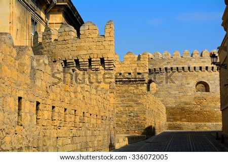 BAKU - OCTOBER 1 : City wall at 1 October 2015 in Baku, Azerbaijan. Baku\'s old city is surrounded by a thick, medieval wall.