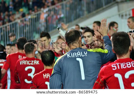 BUDAPEST, HUNGARY - OCTOBER 11 : Hungarian international team welcome the audience after Hungary - Finland European Cup qualifier football match at October 11, 2011 in Budapest, Hungary.