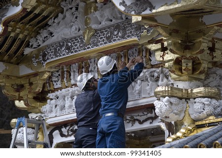 NIKKO, JAPAN - APRIL 1: Restoration is under work in Toshogu Shrine on April 1, 2012 in Nikko, Japan. Toshogu is a UNESCO protected heritage site, also the mausoleum of the Tokugawa family.