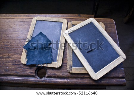 Slates, charcoal and cloths on victorian school desk