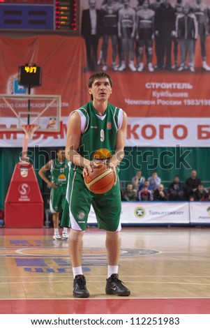 SAMARA, RUSSIA - MARCH 10: Petr Samoilenko of BC UNICS gets ready to throw from the free throw line in a game against BC Krasnye Krylia on March 10, 2012 in Samara, Russia.