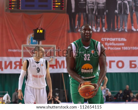 SAMARA, RUSSIA - MARCH 10: Nathan Jawai of BC UNICS gets ready to throw from the free throw line in a game against BC Krasnye Krylia on March 10, 2012 in Samara, Russia.