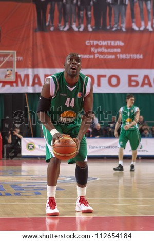 SAMARA, RUSSIA - MARCH 10: Henry Domercant of BC UNICS gets ready to throw from the free throw line in a game against BC Krasnye Krylia on March 10, 2012 in Samara, Russia.