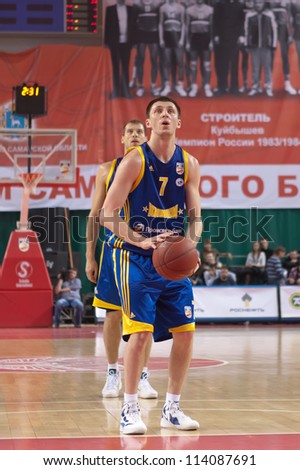 SAMARA, RUSSIA - APRIL 01: Fridzon Vitaliy of BC Khimki gets ready to throw from the free throw line in a game against BC Krasnye Krylia on April 01, 2012 in Samara, Russia.