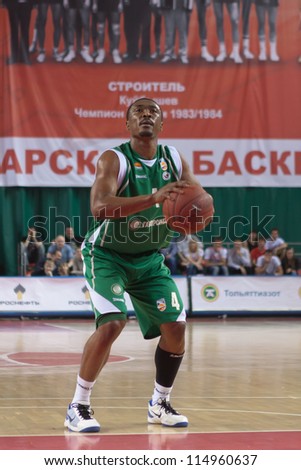 SAMARA, RUSSIA - APRIL 17: Lyday Terrell of BC UNICS gets ready to throw from the free throw line in a game against BC Krasnye Krylia on April 17, 2012 in Samara, Russia.