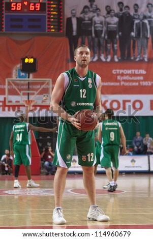 SAMARA, RUSSIA - APRIL 17: Veremeenko Vladimir of BC UNICS gets ready to throw from the free throw line in a game against BC Krasnye Krylia on April 17, 2012 in Samara, Russia.