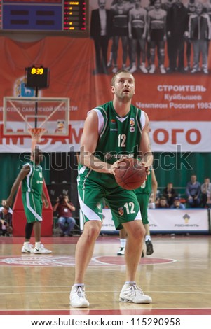 SAMARA, RUSSIA - APRIL 17: Veremeenko Vladimir of BC UNICS gets ready to throw from the free throw line in a game against BC Krasnye Krylia on April 17, 2012 in Samara, Russia.