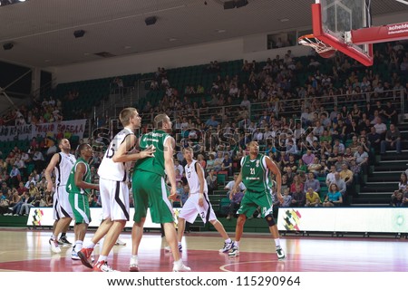 SAMARA, RUSSIA - APRIL 17: Dragan Labovic of BC Krasnye Krylia scored a goal from the free throw line in a game against BC UNICS on April 17, 2012 in Samara, Russia.