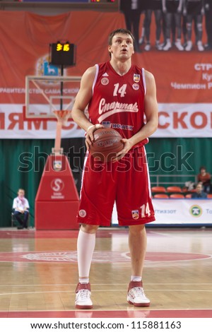 SAMARA, RUSSIA - MAY 03: Zozulin Aleksey of BC Spartak gets ready to throw from the free throw line in a game against BC Krasnye Krylia on May 03, 2012 in Samara, Russia.