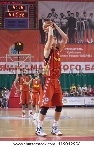 SAMARA, RUSSIA - MAY 11: Vitaliy Ionov of BC Ural throws from the free throw line in a game against BC Krasnye Krylia on May 11, 2012 in Samara, Russia.