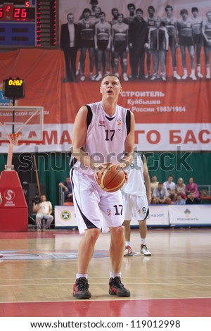 SAMARA, RUSSIA - MAY 11: Yuri Vasilyev of BC Krasnye Krylia gets ready to throw from the free throw line in a game against BC Ural on May 11, 2012 in Samara, Russia.