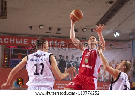 SAMARA, RUSSIA - MAY 12: Nesterov Konstantin of BC Spartak-Primorje with ball attacks a basket during a BC Krasnye Krylia game on May 12, 2012 in Samara, Russia.