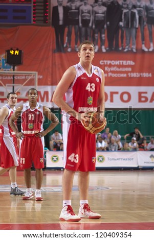 SAMARA, RUSSIA - MAY 12: Pavlov Ivan of BC Spartak-Primorje gets ready to throw from the free throw line in a game against BC Krasnye Krylia on May 12, 2012 in Samara, Russia.