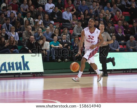 SAMARA, RUSSIA - JANUARY 15: Aaron Miles of BC Krasnye Krylia, with ball, is on the attack during a BC Norrkoping Dolphins game on January 15, 2012 in Samara, Russia.