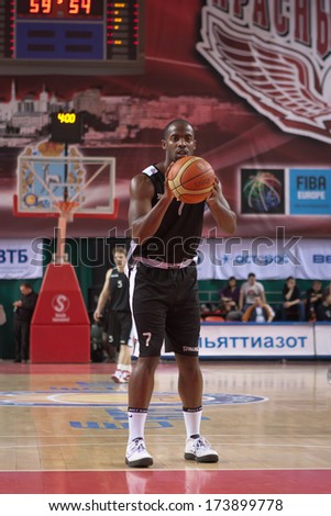 SAMARA, RUSSIA - MARCH 09: Tyshawn Abbott of BC Kalev gets ready to throw from the free throw line in a game against BC Krasnye Krylia on March 09, 2013 in Samara, Russia.