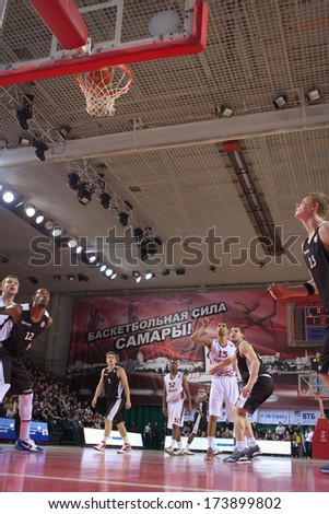SAMARA, RUSSIA - MARCH 09: Chester Simmons of BC Krasnye Krylia scored a goal from the free throw line in a game against BC Kalev on March 09, 2013 in Samara, Russia.