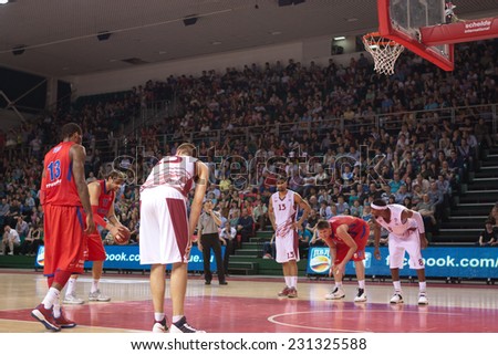 SAMARA, RUSSIA - APRIL 21: Dmitry Sokolov of BC CSKA gets ready to throw from the free throw line in a game against BC Krasnye Krylia on April 21, 2013 in Samara, Russia.