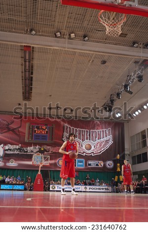 SAMARA, RUSSIA - APRIL 21: Milos Teodosic of BC CSKA gets ready to throw from the free throw line in a game against BC Krasnye Krylia on April 21, 2013 in Samara, Russia.