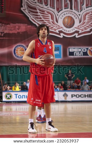 SAMARA, RUSSIA - APRIL 21: Milos Teodosic of BC CSKA gets ready to throw from the free throw line in a game against BC Krasnye Krylia on April 21, 2013 in Samara, Russia.