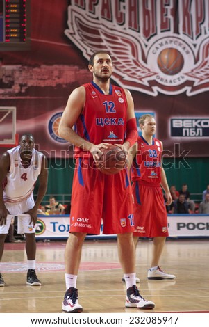SAMARA, RUSSIA - APRIL 21: Nenad Krstic of BC CSKA gets ready to throw from the free throw line in a game against BC Krasnye Krylia on April 21, 2013 in Samara, Russia.