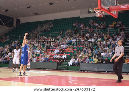 SAMARA, RUSSIA - MAY 11: Petr Gubanov of BC Enisey scored a goal from the free throw line in a BC Krasnye Krylia game on May 11, 2013 in Samara, Russia.