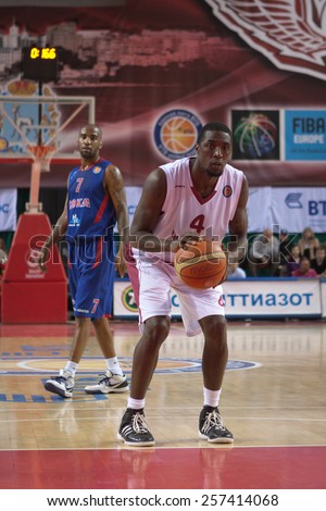 SAMARA, RUSSIA - MAY 20: Omar Thomas of BC Krasnye Krylia gets ready to throw from the free throw line in a game against BC CSKA on May 20, 2013 in Samara, Russia.