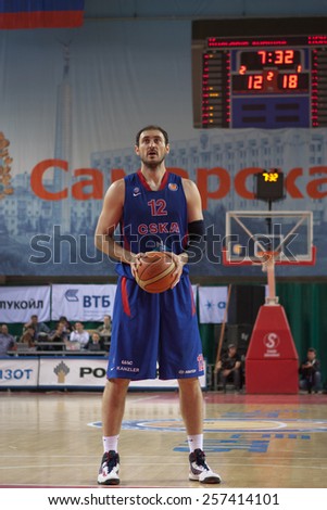 SAMARA, RUSSIA - MAY 20: Nenad Krstic of BC CSKA gets ready to throw from the free throw line in a game against BC Krasnye Krylia on May 20, 2013 in Samara, Russia.
