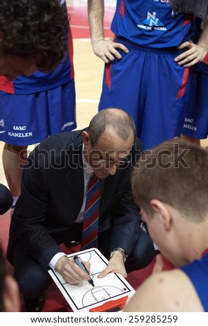 SAMARA, RUSSIA - MAY 20: Timeout. Head coach of BC CSKA Ettore Messina during a game against BC Krasnye Krylia on May 20, 2013 in Samara, Russia.
