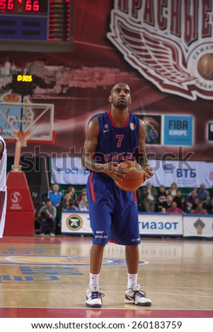 SAMARA, RUSSIA - MAY 20: Aaron Jackson of BC CSKA gets ready to throw from the free throw line in a game against BC Krasnye Krylia on May 20, 2013 in Samara, Russia.