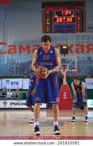 SAMARA, RUSSIA - MAY 20: Alexander Kaun of BC CSKA gets ready to throw from the free throw line in a game against BC Krasnye Krylia on May 20, 2013 in Samara, Russia.