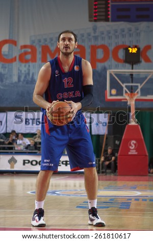 SAMARA, RUSSIA - MAY 20: Nenad Krstic of BC CSKA gets ready to throw from the free throw line in a game against BC Krasnye Krylia on May 20, 2013 in Samara, Russia.