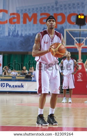 SAMARA, RUSSIA - MAY 11: Brion Rush of BC Krasnye Krylia gets ready to throw from the free throw line in a game against BC Enisey on May 11, 2011 in Samara, Russia