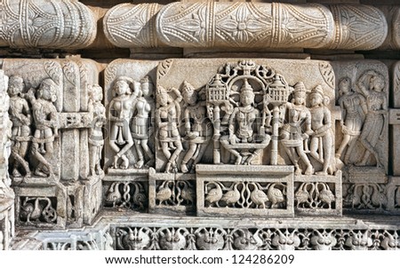 Ancient Sun Temple in Ranakpur. Jain Temple Carving.  Ranakpur, Rajasthan, Pali District, Udaipur, India. Asia.