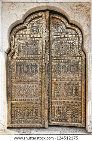 Old Golden Doors of the Hawa Mahal. Hawa Mahal, the Palace of Winds in Jaipur, Rajasthan, India, Asia
